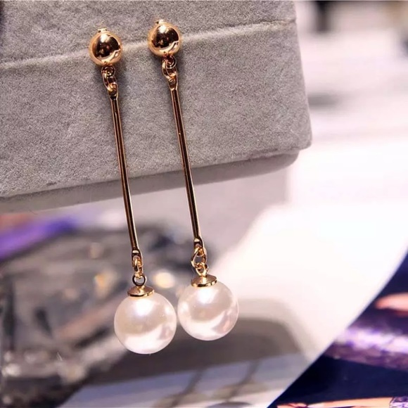 Other - Simulated Pearl Long Tassel Bar Dangle Earrings